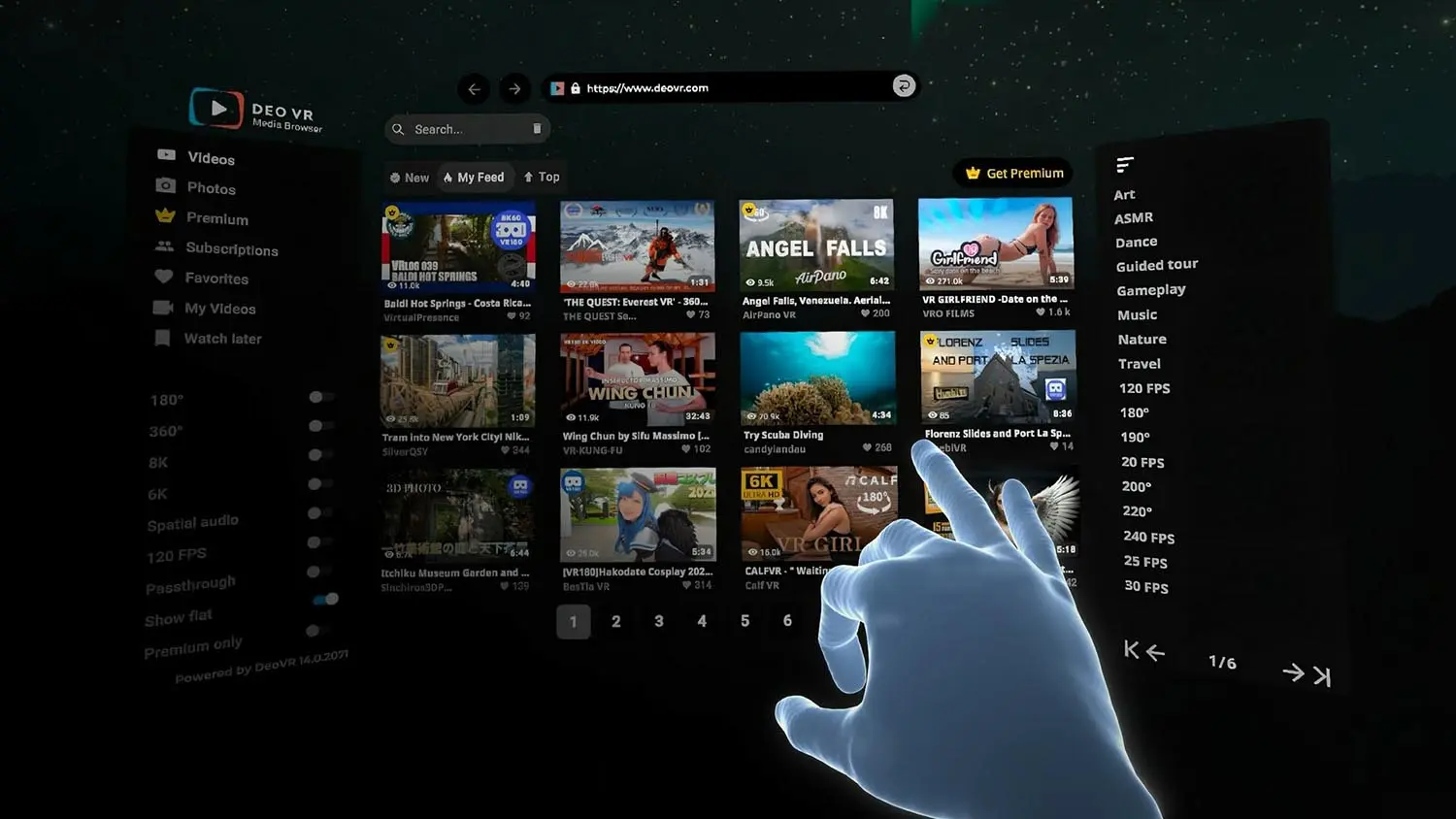 DeoVR interface on Meta Quest 3 showing VR video playback controls, format detection, and streaming options for high-resolution scenes